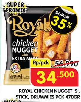 Promo Harga Belfoods Royal Nugget Chicken Nugget S, Chicken Nugget Stick, Chicken Nugget Drummies 470 gr - Superindo