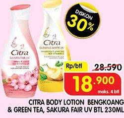 Promo Harga CITRA Hand & Body Lotion Natural Glowing White UV Bengkoang Green Tea, Sakura Fair UV Sakura Peach 230 ml - Superindo