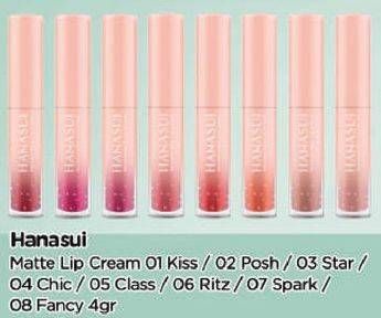Promo Harga HANASUI Matte Lip Cream 01 Kiss, 02 Posh, 03 Star, 04 Chic, 05 Class, 06 Ritz, 07 Spark, 08 Fancy 4 gr - TIP TOP