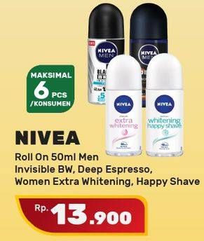 Promo Harga NIVEA Roll On 50ml Invisible Black & White, Depp Espresso, Women Extra Whitening, Happy Shave  - Yogya