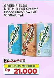 Promo Harga Greenfields UHT Full Cream, Choco Malt, Low Fat 1000 ml - Indomaret