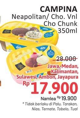 Promo Harga Campina Ice Cream Neapolitan, Chocolate Vanilla Choco Chunk 350 ml - Alfamidi