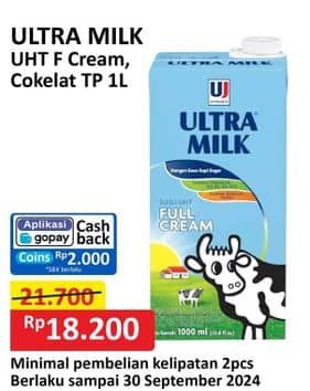 Promo Harga Ultra Milk Susu UHT Full Cream, Coklat 1000 ml - Alfamart