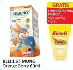 Promo Harga Beli 1 STIMUNO Orange Berry 60ml Gratis 1 BIMOLI/SANIA/TROPICAL Minyak Goreng pch 1L  - Alfamart