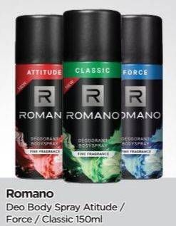 Promo Harga ROMANO Deodorant Body Spray Fine Fragrance Attitude, Classic, Force 150 ml - TIP TOP