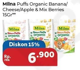 Promo Harga MILNA Nature Puffs Organic Banana, Cheese, Apple Mix Berries 15 gr - Carrefour