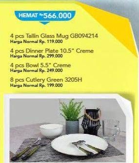 Promo Harga 4pcs Tallin Glass MUG GB094214 & 4pcs Dinner Plate 10.5" Creme & 4pcs Bowl 5.5 Creme & 8pcs Cutlery Green 3205H  - Carrefour