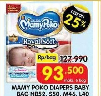 Promo Harga Mamy Poko Perekat Royal Soft NB52, S50, M46, L40 40 pcs - Indomaret