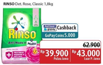 Promo Harga Rinso Anti Noda Deterjen Bubuk + Molto Pink Rose Fresh, + Molto Classic Fresh 1800 gr - Alfamidi