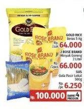Promo Harga GOLD RICE Rice Premium 5Kg + ROSE BRAND Minyak Goreng 2Ltr + SUS Gula Pasir Lokal 500gr  - LotteMart