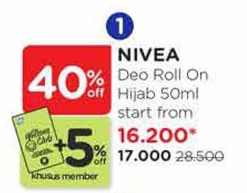 Promo Harga Nivea Deo Roll On Whitening Hijab Fresh, Brightening Hijab Cool, Bright Hijab Soft 50 ml - Watsons