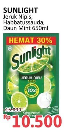 Promo Harga Sunlight Pencuci Piring Jeruk Nipis 100, Higienis Plus With Habbatussauda, Anti Bau With Daun Mint 650 ml - Alfamidi