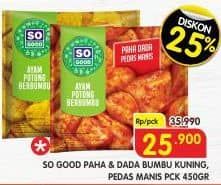 Promo Harga So Good Ayam Potong Paha Dada Berbumbu Pedas Manis, Berbumbu Kuning 450 gr - Superindo