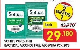 Promo Harga SOFTIES Wet Wipes Anti Bacterial, Alcohol Free, Alcohol Free Aloevera per 3 pcs 20 pcs - Superindo