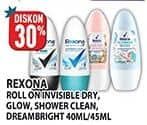 Promo Harga Rexona Deo Roll On Invisible Dry, Glowing White, Shower Clean, Dreamy White 40 ml - Hypermart