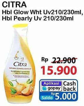 Promo Harga Citra Hand & Body Lotion Natural Glowing White UV Bengkoang Green Tea, Pearly White UV Korean Pearl Mulberry 230 ml - Alfamart