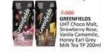Promo Harga Greenfields UHT Extra Milk Chocomalt, Strawberry Rose Milk, Vanilla Chamomile, Honey Early Grey 200 ml - Alfamidi