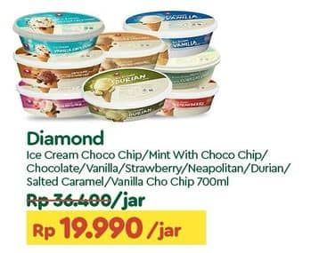 Promo Harga Diamond Ice Cream Chocolate With Chocolate Chip, Mint With Chocolate Chip, Cokelat, Vanila, Stroberi, Neapolitan, Durian, Salted Caramel, Vanilla With Chocolate Chip 700 ml - TIP TOP