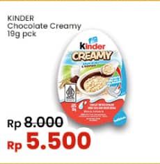 Kinder Joy Creamy 19 gr Diskon 31%, Harga Promo Rp5.500, Harga Normal Rp8.000,  Cashback Rp2.000 dengan OVO min transaksi Rp15.000