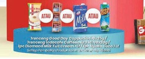 Gratis 1 renceng goodday Cappucino 10x25g/ 1 renceng indocafe coffemix 3 in 1 110 x 20g/ 1 pcs Diamond Milk Full Cream 1 Lt/ 1 pc Hydro Coco 1 Lt