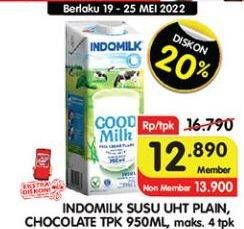 Promo Harga INDOMILK Susu UHT Full Cream Plain, Cokelat 950 ml - Superindo
