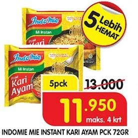 Promo Harga INDOMIE Mi Kuah Kari Ayam per 5 pcs 72 gr - Superindo