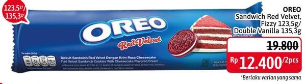 Promo Harga OREO Biskuit Sandwich Red Velvet, Double Vanilla, Fizzy 123 gr - Alfamidi