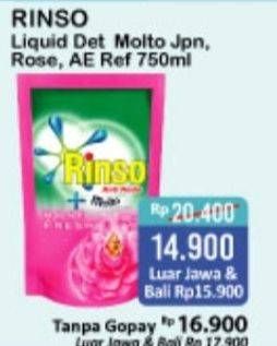 Promo Harga RINSO Liquid Detergent + Molto Japanese Peach, + Molto Pink Rose Fresh 750 ml - Alfamart