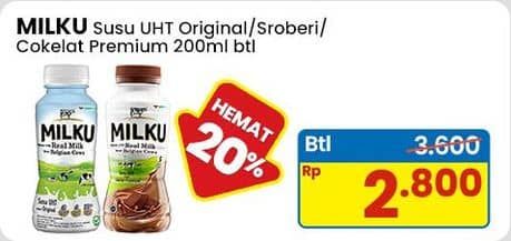 Promo Harga Milku Susu UHT Stroberi, Cokelat Premium, Real Milk Original 200 ml - Indomaret
