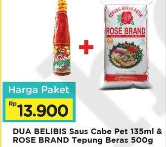 Promo Harga DUA BELIBIS Saus Cabe 135ml + ROSE BRAND Tepung Beras 500g  - Alfamart