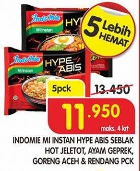 Promo Harga INDOMIE Mi Instan Hype Abis Seblak Hot Jeletot, Ayam Geprek, Goreng Aceh & Rendang 5 pck  - Superindo