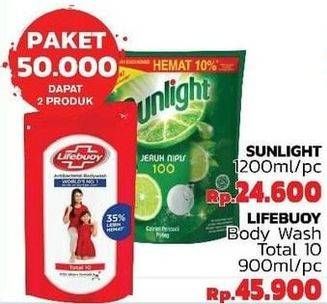 Promo Harga SUNLIGHT Pencuci Piring 1.2ltr + LIFEBUOY Body Wash 900ml  - LotteMart