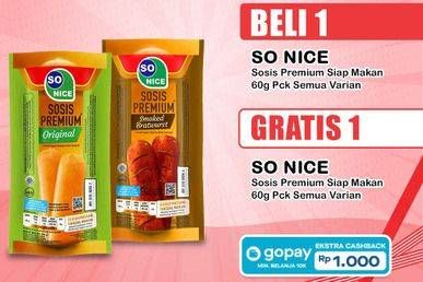 Promo Harga So Nice Sosis Siap Makan Premium All Variants 60 gr - Indomaret