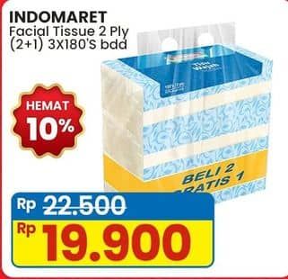 Indomaret Facial Tissue per 3 pouch 180 pcs Diskon 11%, Harga Promo Rp19.900, Harga Normal Rp22.500