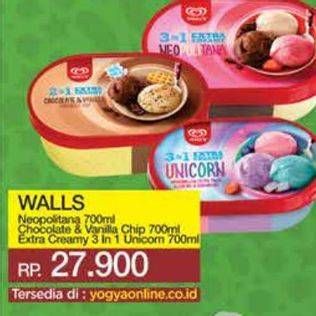 Promo Harga WALLS Ice Cream Neopolitana, Chocolate Vanilla With Chocolate Chip, Unicorn 3 In 1 700 ml - Yogya