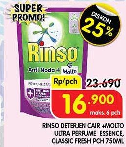 Promo Harga Rinso Liquid Detergent + Molto Purple Perfume Essence, + Molto Classic Fresh 750 ml - Superindo