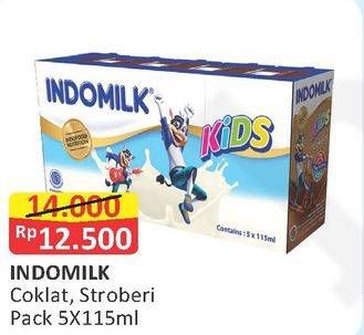Promo Harga INDOMILK Susu UHT Kids Cokelat, Stroberi per 5 pcs 115 ml - Alfamart