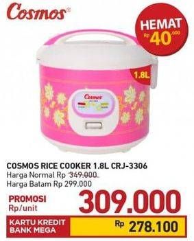 Promo Harga COSMOS CRJ 3306 Rice Cooker 1800 ml - Carrefour