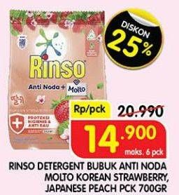 Promo Harga Rinso Anti Noda Deterjen Bubuk + Molto Korean Strawberry, + Molto Japanese Peach 700 gr - Superindo