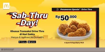 Promo McD Nikmati promo spesial Sab-Thru-Day di McDonald's! Setiap hari Sabtu selama bulan November, dapatkan 5 Ayam Krispy hanya seharga 50.000 khusus untuk pembelian melalui Drive Thru. Promo ini bisa ditukar melalui Aplikasi McDonald's.