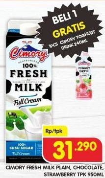 Promo Harga Cimory Fresh Milk Full Cream, Chocolate, Strawberry 950 ml - Superindo