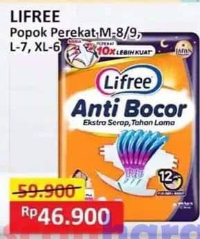 Promo Harga Lifree Popok Perekat Menyerap dan Kering M8, M9, L7, XL6 6 pcs - Alfamart
