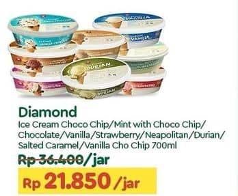 Promo Harga Diamond Ice Cream Chocolate With Chocolate Chip, Mint With Chocolate Chip, Cokelat, Vanila, Stroberi, Neapolitan, Durian, Salted Caramel, Vanilla With Chocolate Chip 700 ml - TIP TOP