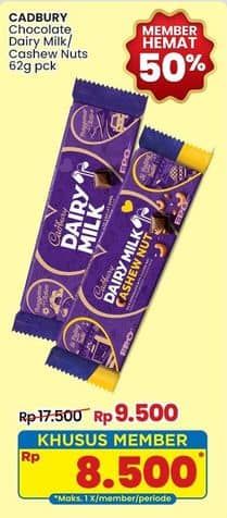 Promo Harga Cadbury Dairy Milk Original, Cashew Nut 62 gr - Indomaret