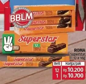 Promo Harga Roma Superstar Wafer Triple Chocolate per 12 pcs 18 gr - Lotte Grosir