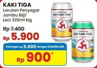 Cap Kaki Tiga Larutan Penyegar 320 ml Diskon 20%, Harga Promo Rp5.900, Harga Normal Rp7.400, Dengan Kartu Kredit Mandiri, Debit/Kredit BNI & Debit BRI/BRImo Rp. 900,  Harga Spesial untuk Kartu Debit BRI min transaksi Rp100.000,Harga Spesial untuk BNI Kartu Debit min transaksi Rp160.000,Harga Spesial untuk BNI Kartu Kredit min transaksi Rp160.000,Harga Spesial untuk Mandiri Kartu Kredit min transaksi Rp 150.000