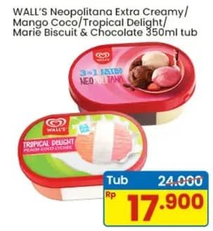 Promo Harga Walls Ice Cream Neopolitana, Mango Coco Delight, Tropical Delight, Marie Chocolate 350 ml - Indomaret