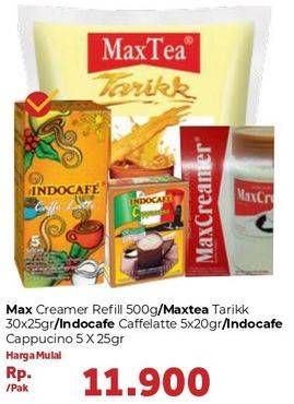 Promo Harga MAX Creamer Refill 500g / MAX TEA Teh Tarik 30x25g / INDOCAFE Caffe Latte 5x20g / INDOCAFE Cappuccino 5x25g  - Carrefour