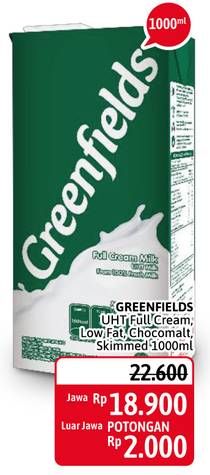 Promo Harga GREENFIELDS UHT Full Cream, Low Fat, Choco Malt, Skimmed Milk 1000 ml - Alfamidi