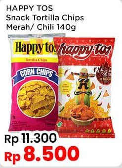 Promo Harga Happy Tos Tortilla Chips Hot Chili, Merah 140 gr - Indomaret